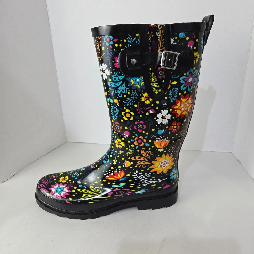 Western Chief Rain Boots Size 9 Garden Black Floral Waterproof Rubber #1103